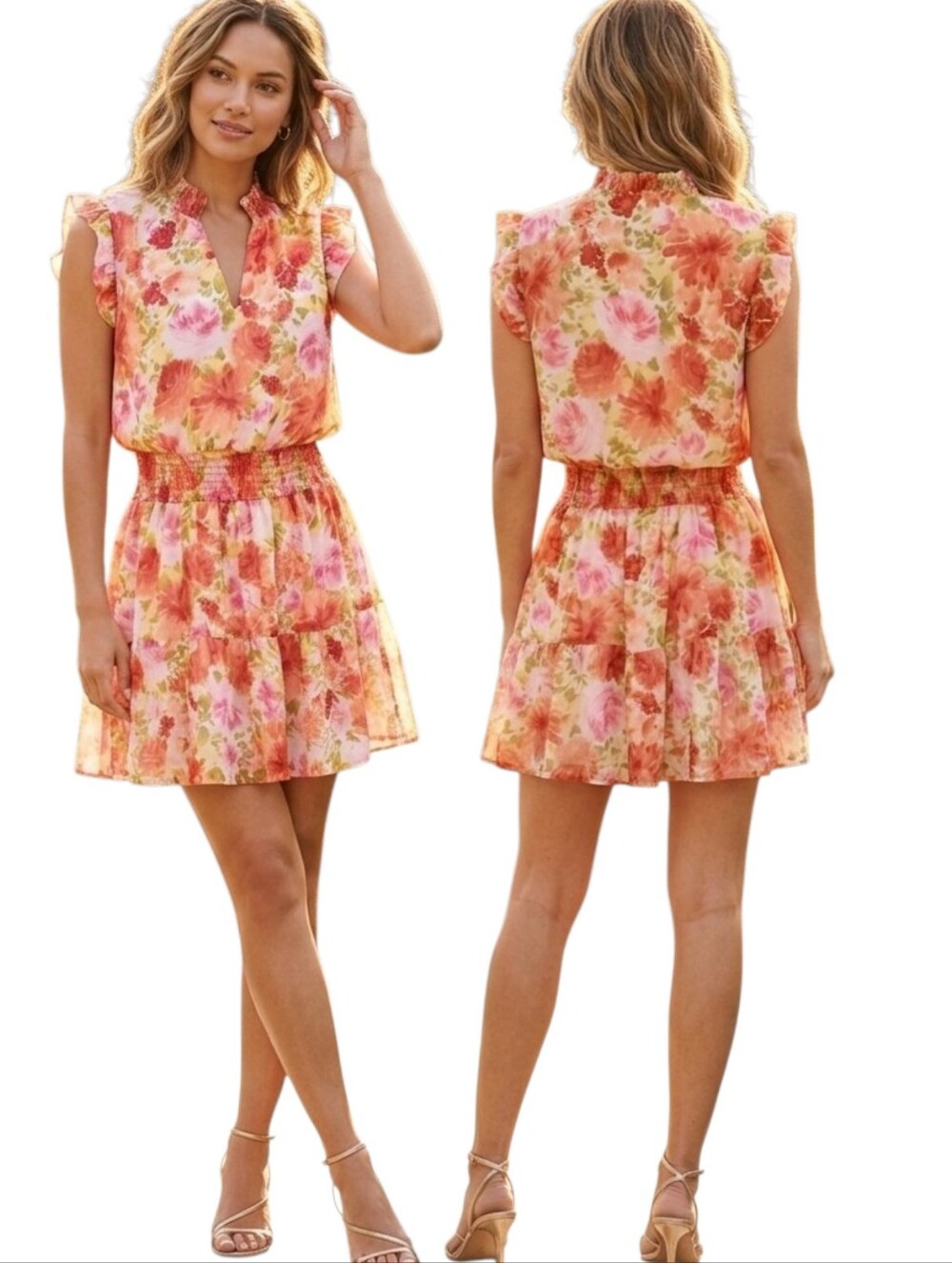 GIBSON LOOK Floral Print Flutter Sleeve Blouson Dress - Size L